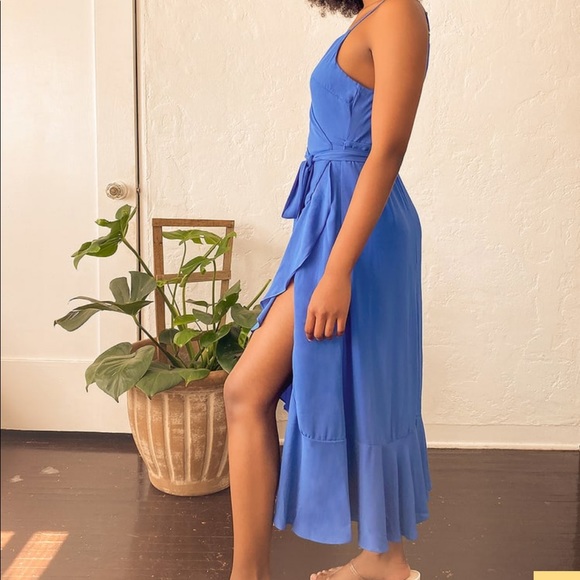 Lulus Manhattan Moment Blue Wrap Ruffled Midi Dress - Picture 2 of 9